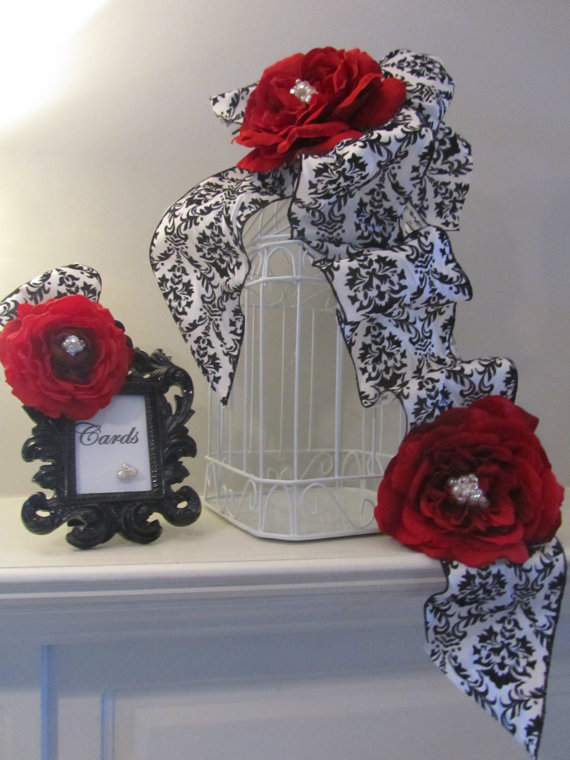Wedding Birdcage Card Holder - Red Roses With Black And White Damask Ribbon