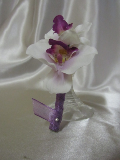 Groomsmen Boutonniere - White Orchid With Purple Center, Wrapped In Purple Organza
