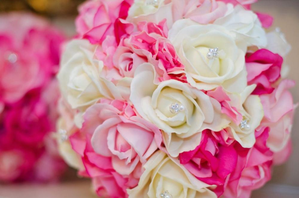 Real Touch Bridal Bouquet - Pink, White, And Soft Pink With Rhinestone Accents