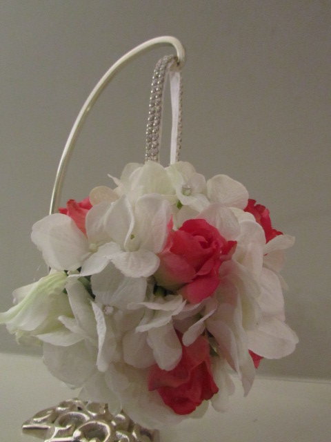 Silk Flower Girl Pomander - White Hydrangea And Fuchsia Rosebuds With ...